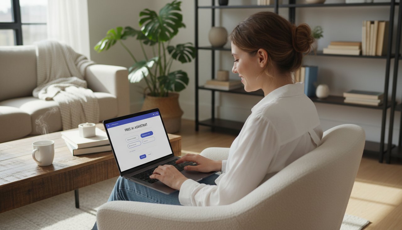Personne utilisant une intelligence artificielle gratuite sur un ordinateur portable a la maison