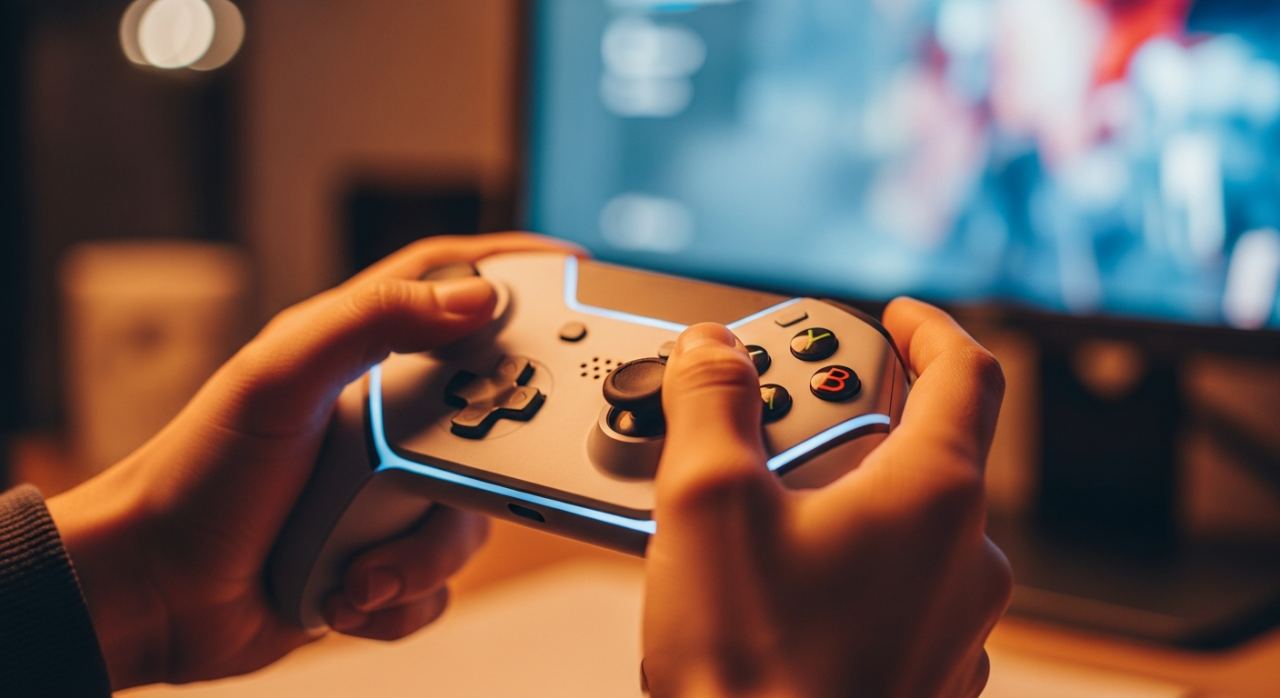 Joueur tenant une manette devant un ecran de PC