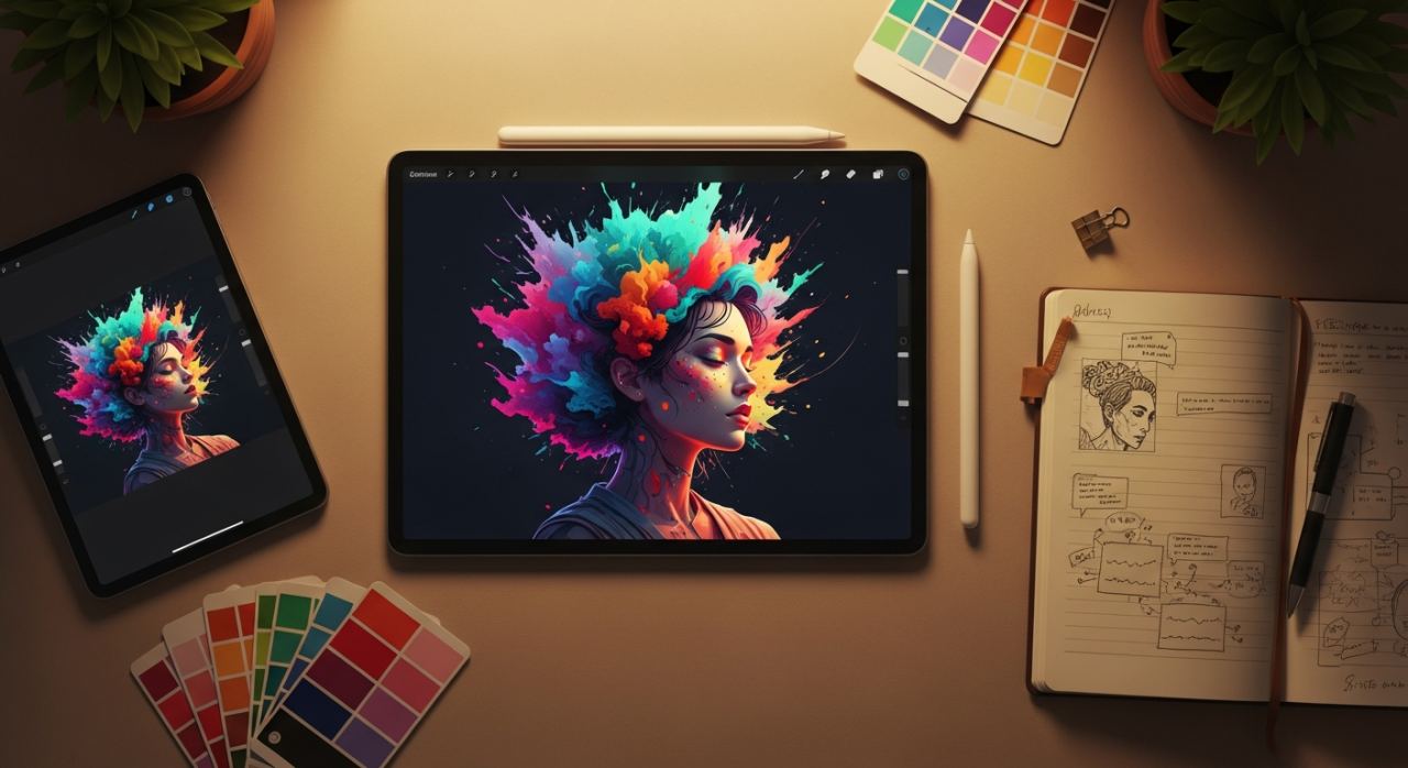 Tablette affichant une illustration creee par un generateur IA gratuit