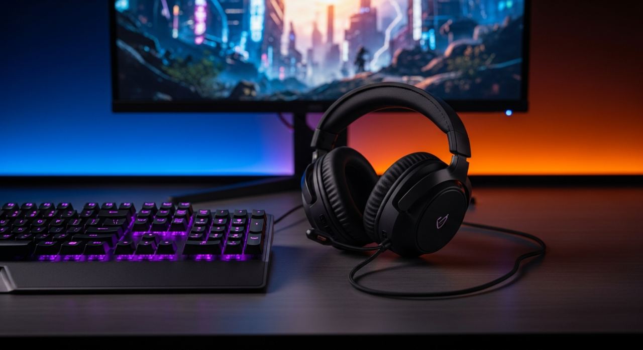 Casque gamer pose sur un bureau de joueur avec eclairage RGB