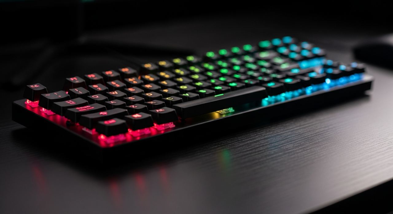 Clavier mecanique retroeclaire sur un bureau sombre