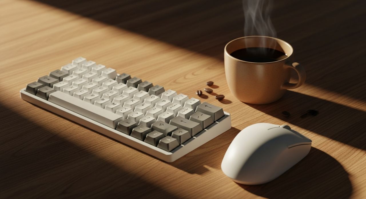 Clavier mecanique compact sur un bureau en bois