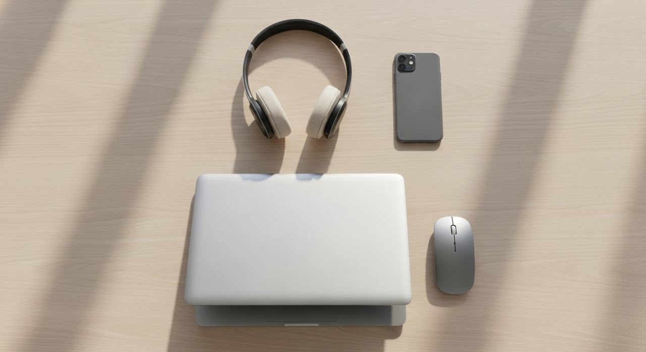 PC portable entoure de ses accessoires sur un bureau