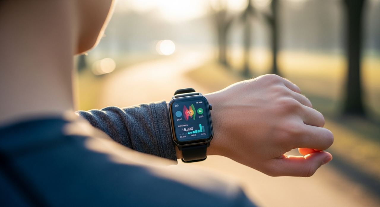 Montre connectee au poignet affichant un suivi d'activite