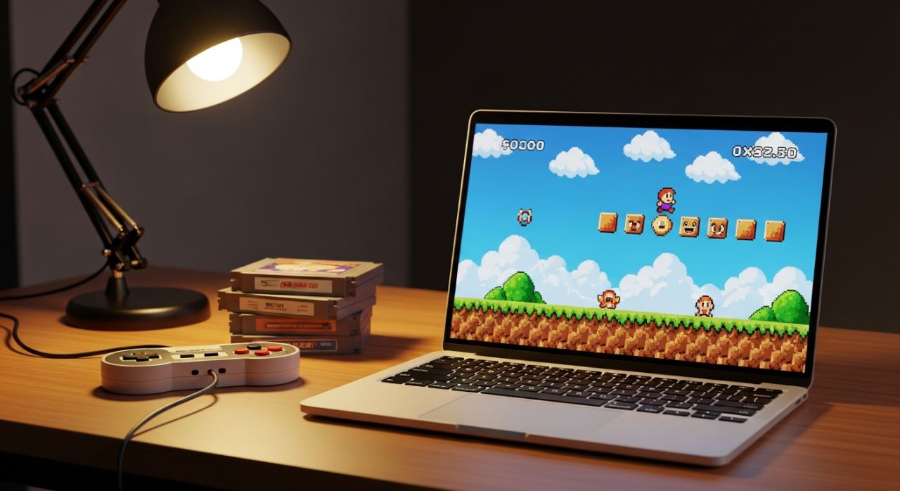 Ordinateur emulant un jeu retro a cote de cartouches vintage