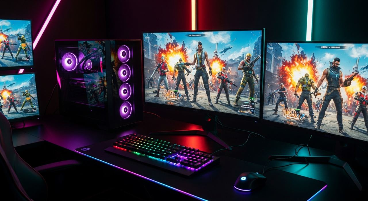 Setup PC gaming avec ecran affichant un jeu gratuit en ligne