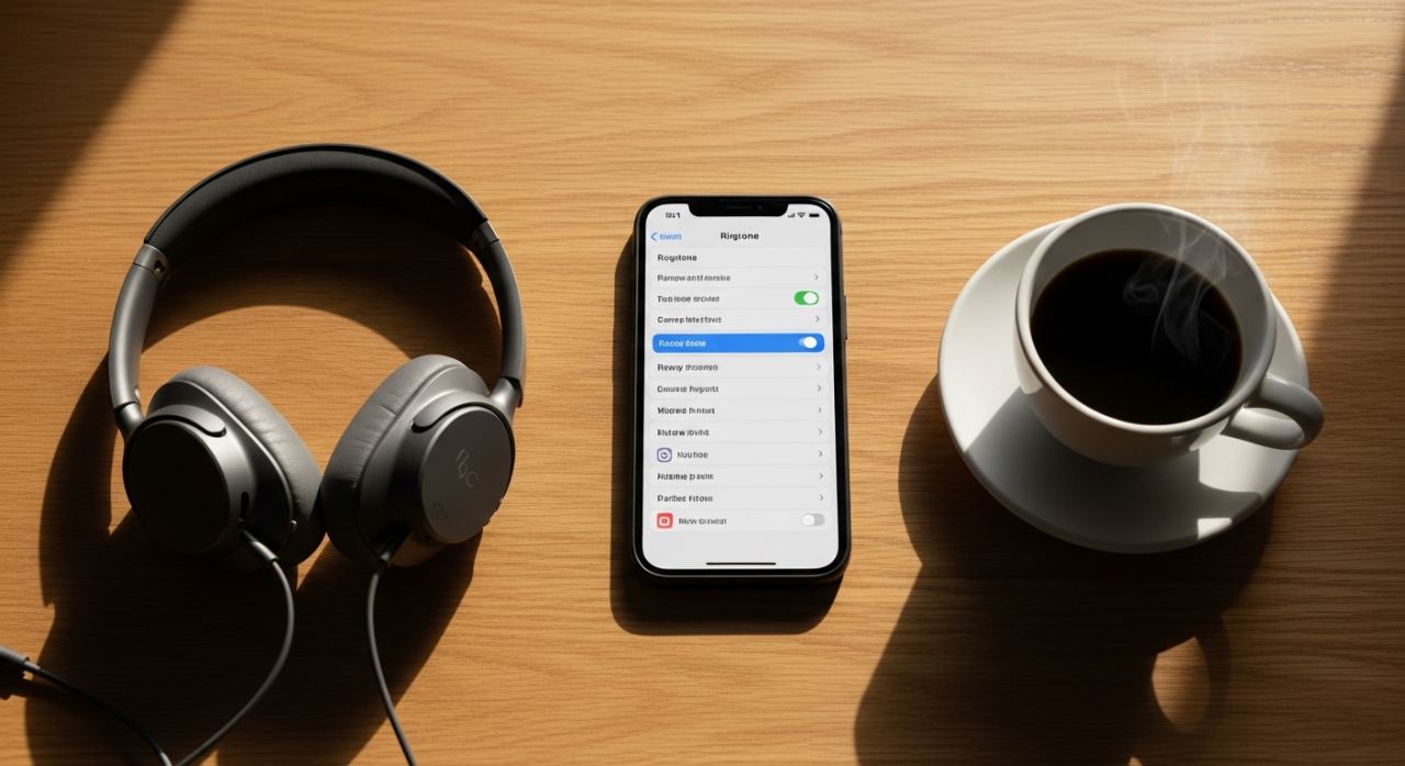 Réglages de sonnerie sur un iPhone posé sur un bureau