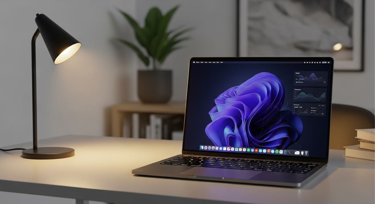 Ordinateur portable affichant le mode sombre de Windows 11 le soir