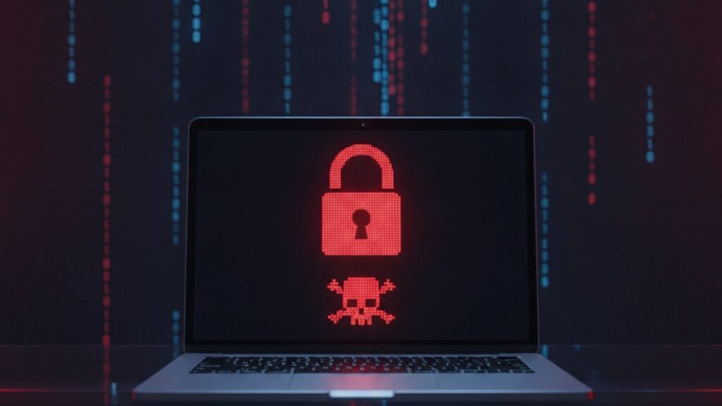 Ransomware : ordinateur portable avec un cadenas rouge, illustration cybersécurité