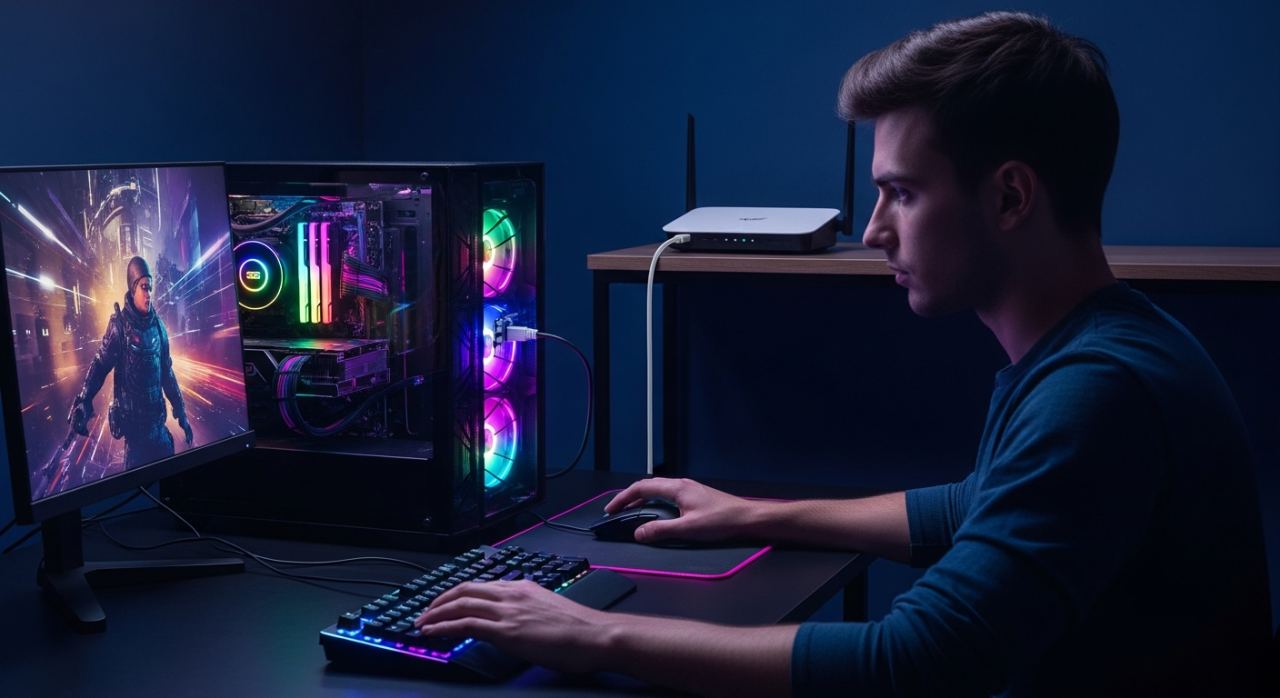Setup gaming relie en cable Ethernet a la box pour reduire le ping