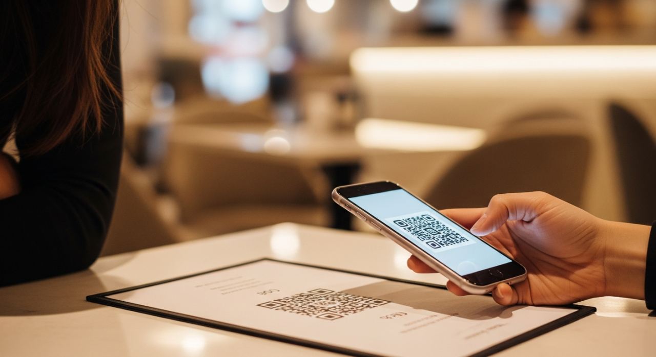 Personne scannant un QR code de menu avec son smartphone