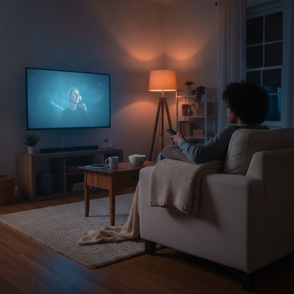 personne regardant un film en streaming sur une télévision connectée