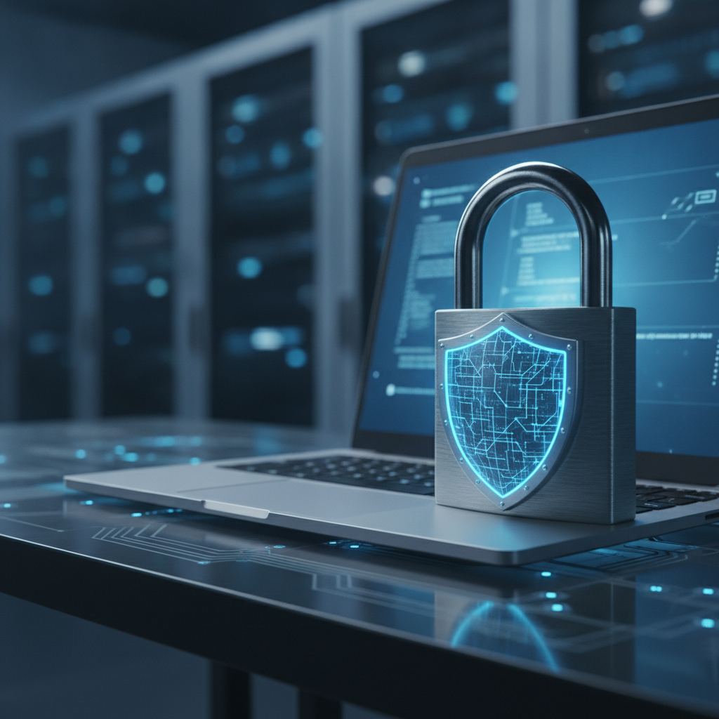 cadenas et bouclier symbolisant la sécurité internet près d'un ordinateur