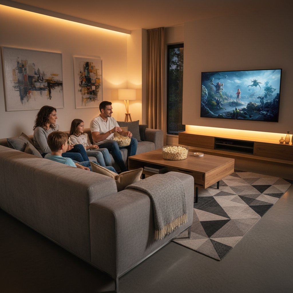 famille regardant une série en streaming gratuit légal sur smart TV