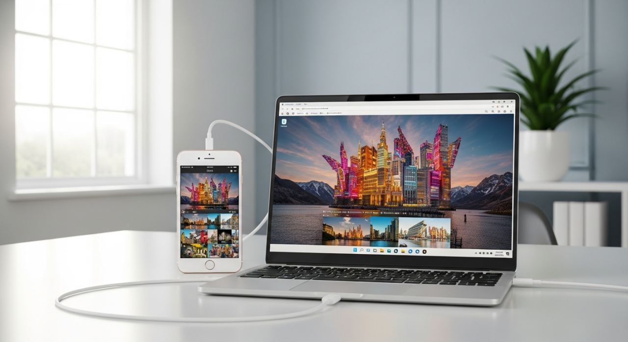 iPhone connecté en USB à un PC Windows pour transférer des photos
