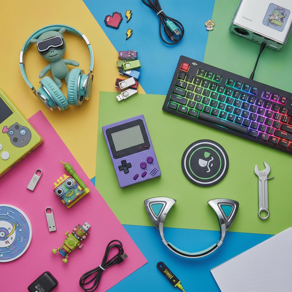 assortiment de gadgets geek insolites sur un bureau