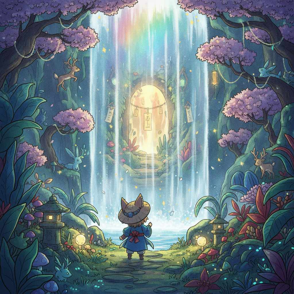 Scène de jeu vidéo japonais colorée avec un personnage découvrant un passage secret