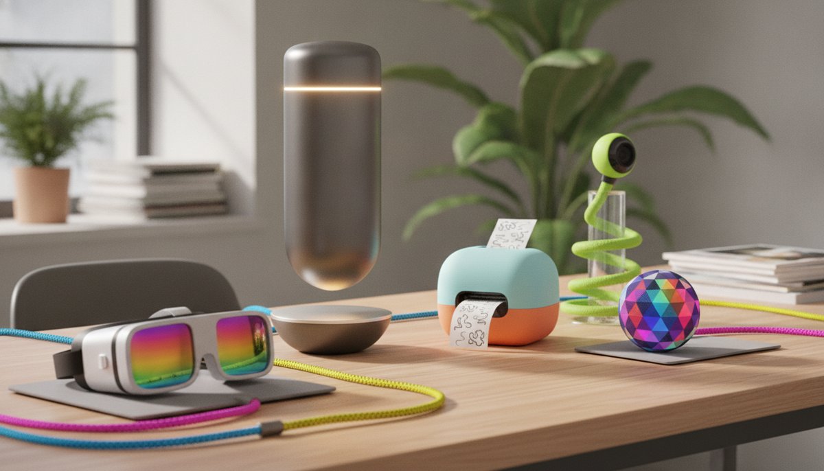 collection de gadgets technologiques insolites poses sur un bureau