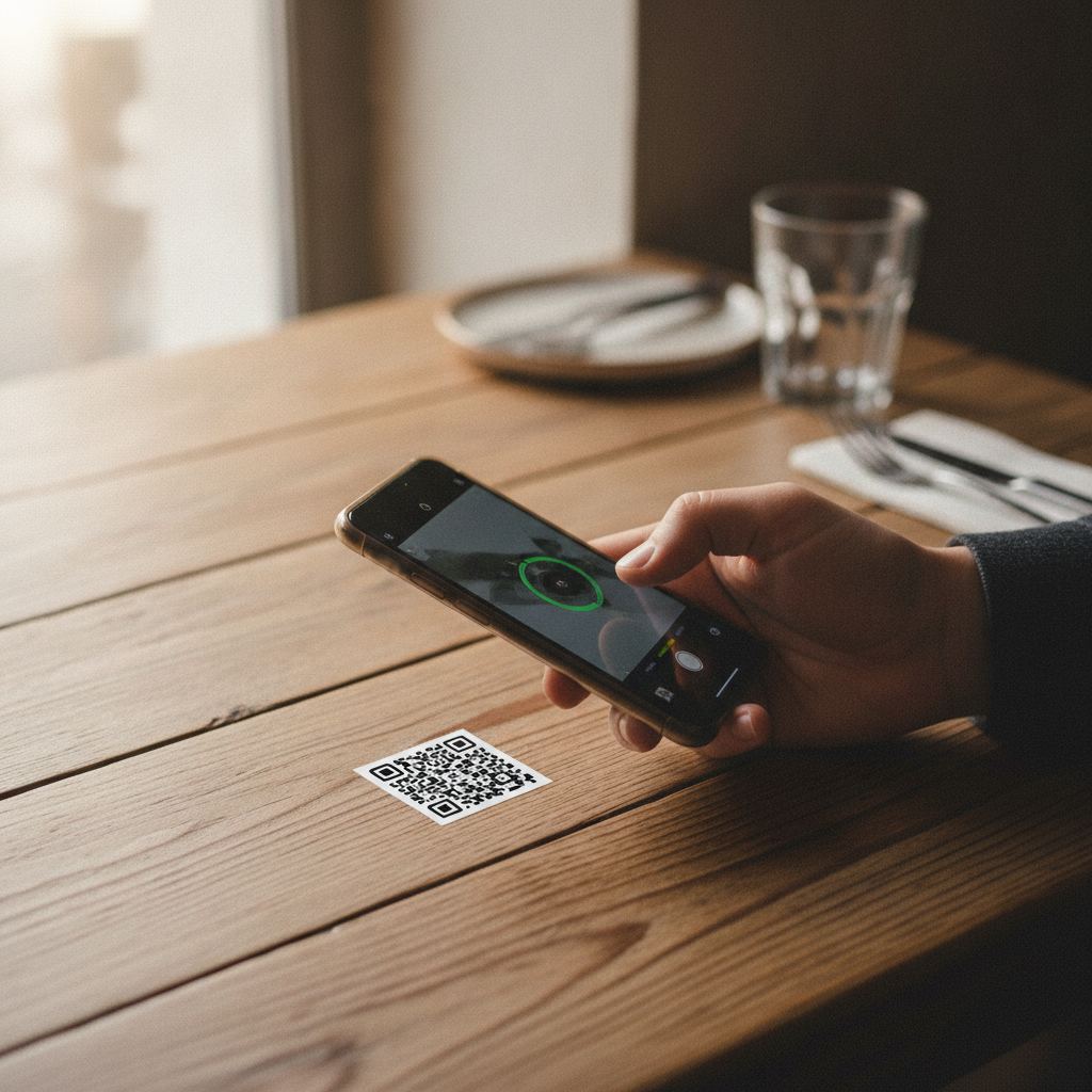 Personne scannant un QR code carré avec un smartphone au restaurant