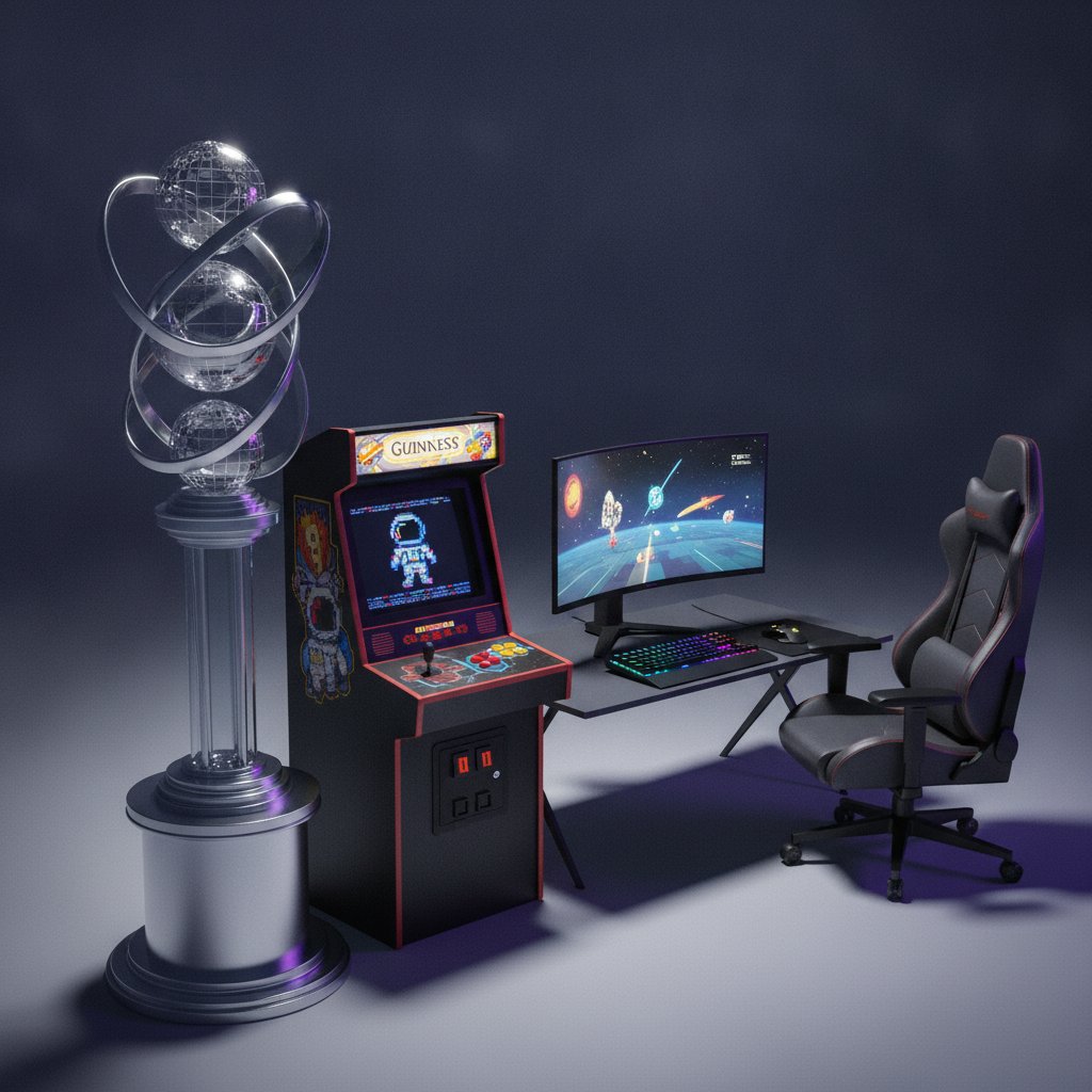 Trophée de record du monde tech entouré d'un setup gaming rétro et moderne