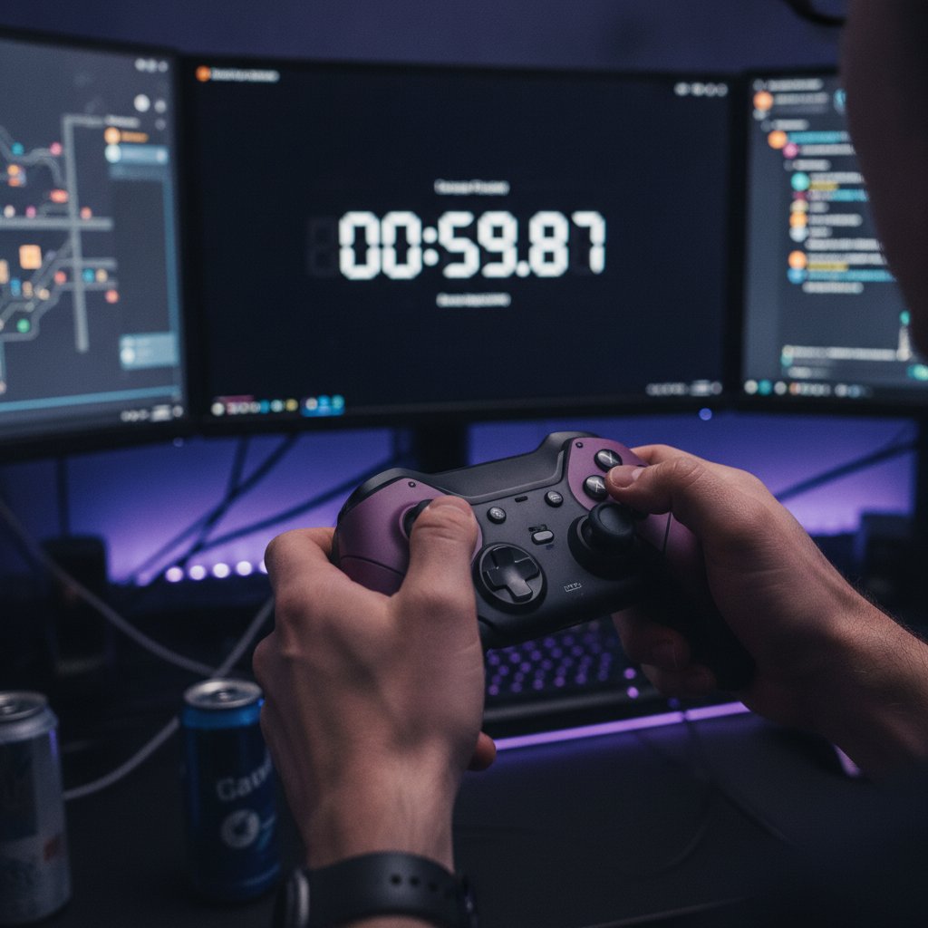Speedrunner sur manette de jeu vidéo devant un chronomètre