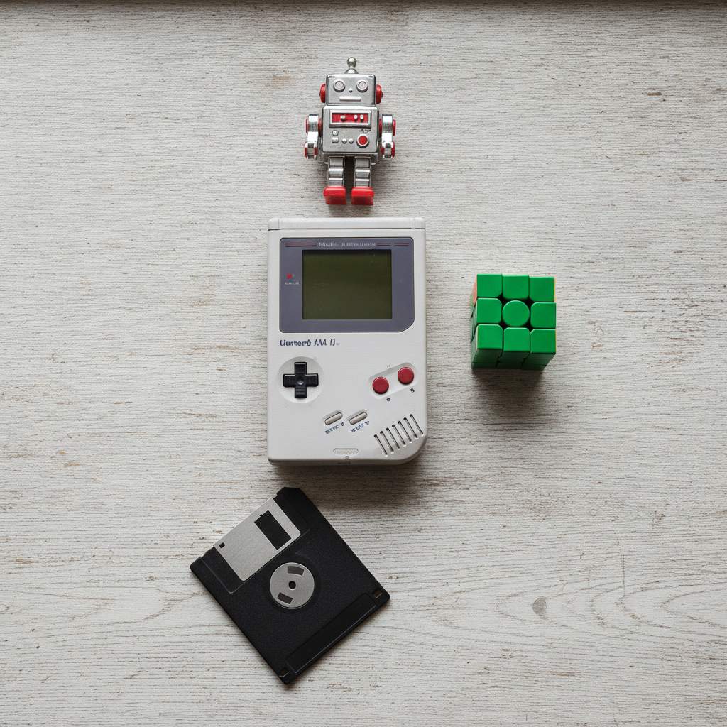 Objets geek vintage de collection posés sur un bureau en bois