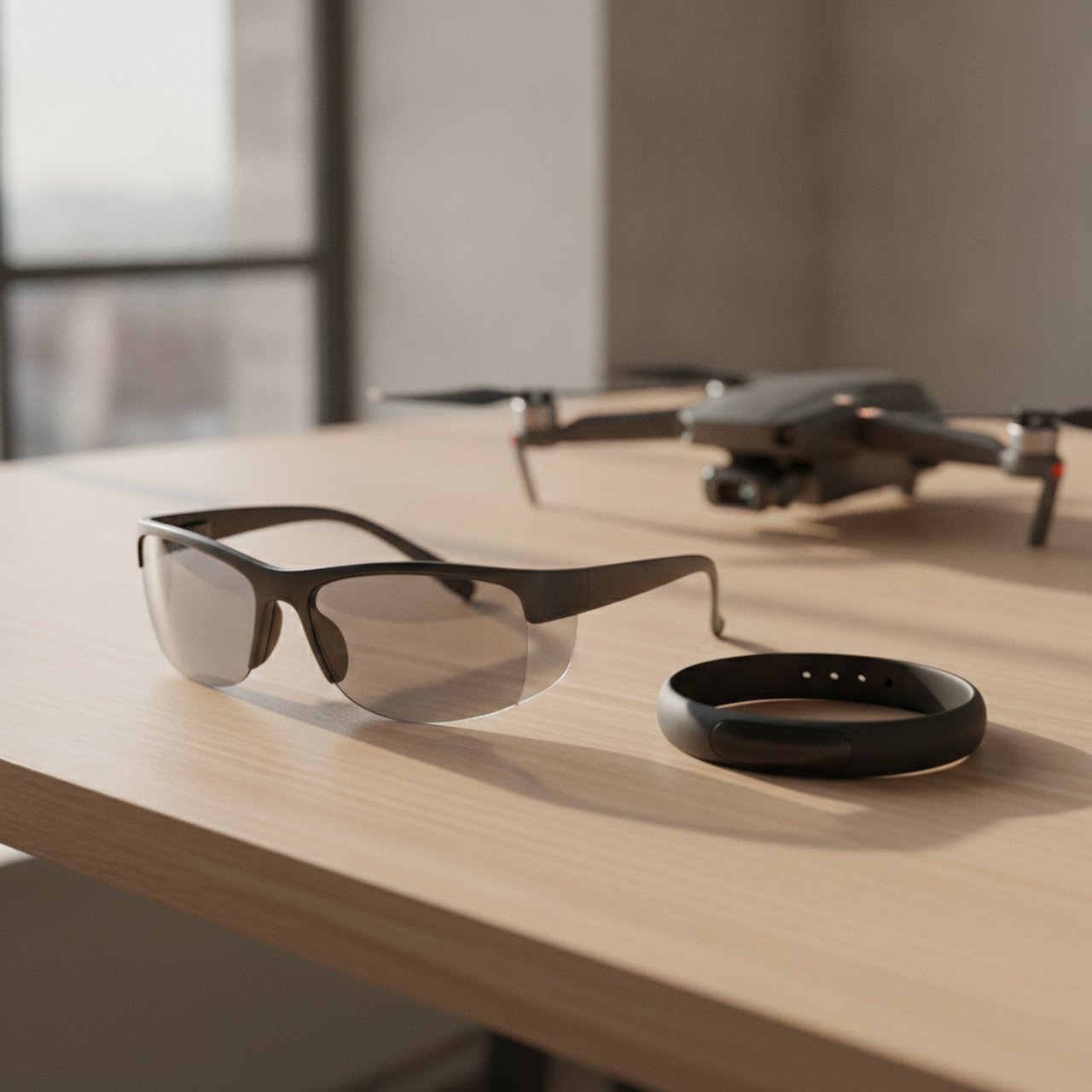 Lunettes de réalité augmentée et bracelet fitness sans écran posés sur un bureau