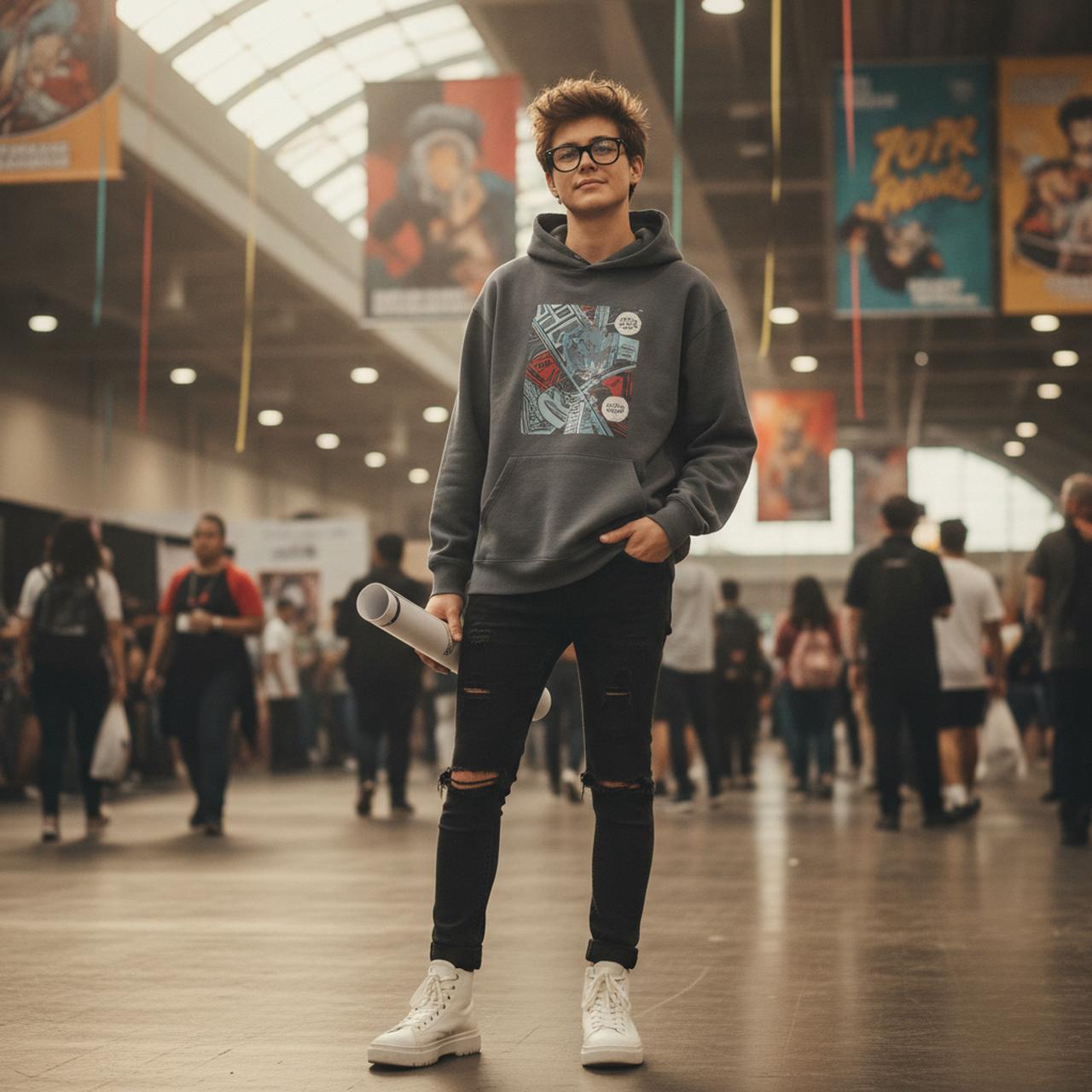 Jeune geek portant un hoodie streetwear inspiré manga lors d'une convention pop culture