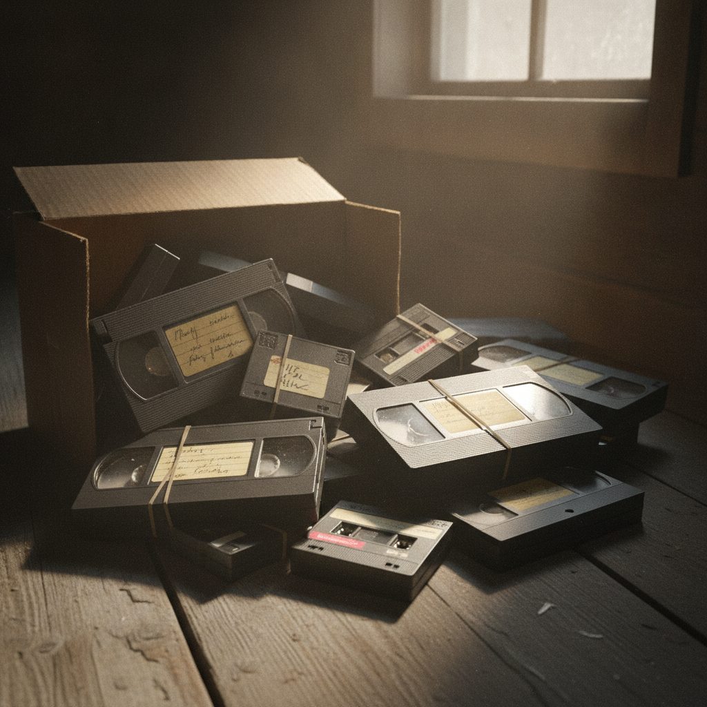 Carton de vieilles cassettes VHS, VHS-C et 8mm à numériser dans un grenier