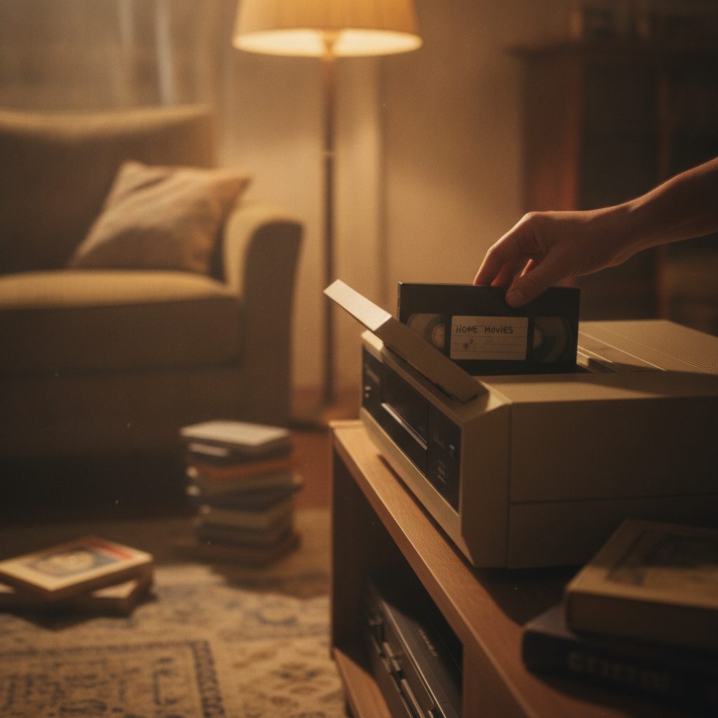 Insertion d'une cassette VHS dans un magnétoscope vintage avant numérisation