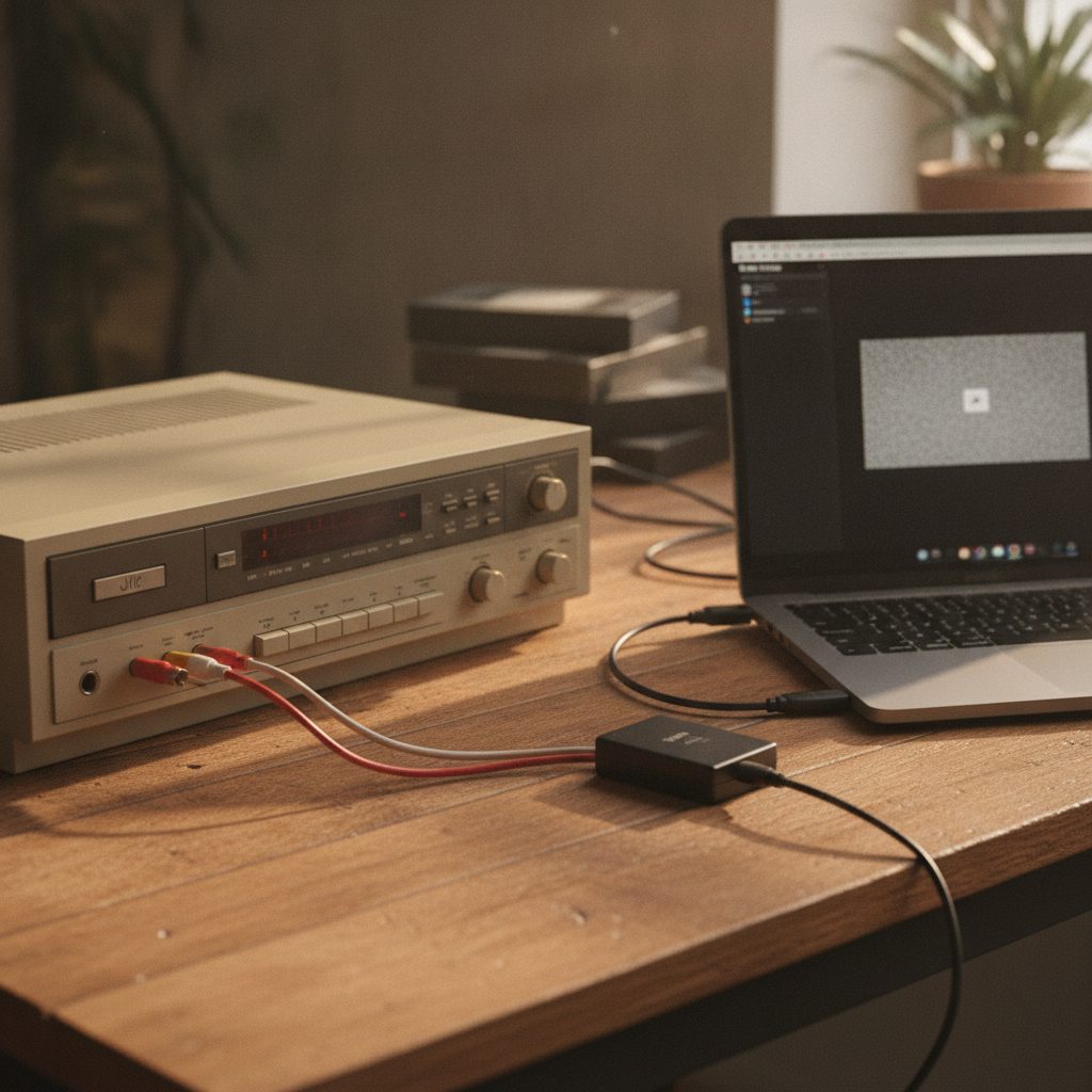 Magnétoscope VHS relié à un ordinateur portable avec boîtier d'acquisition USB pour numériser une cassette VHS