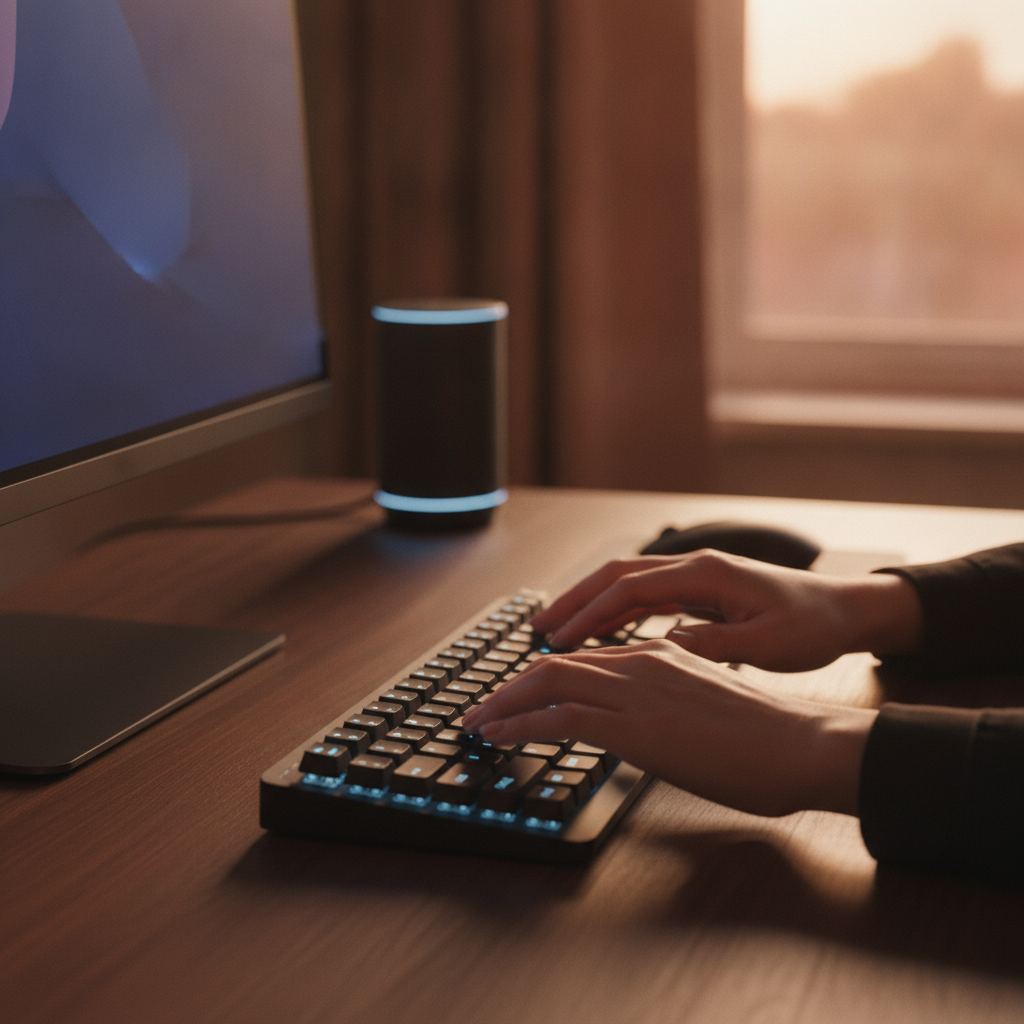 personne tapant sur un clavier moderne retroeclaire