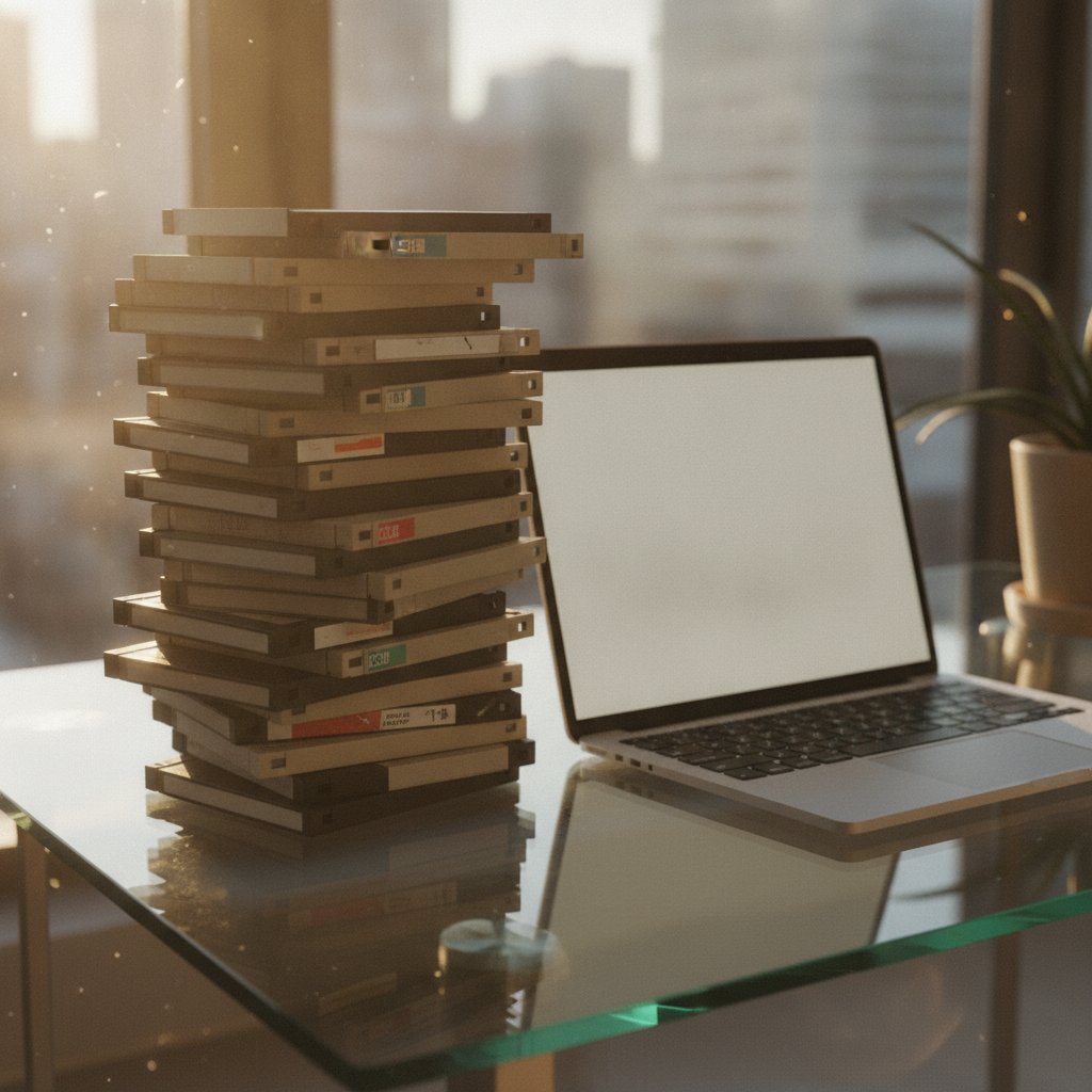 Disquettes 3,5 pouces posées à côté d'un ordinateur portable moderne, symbole des technologies obsolètes encore utilisées