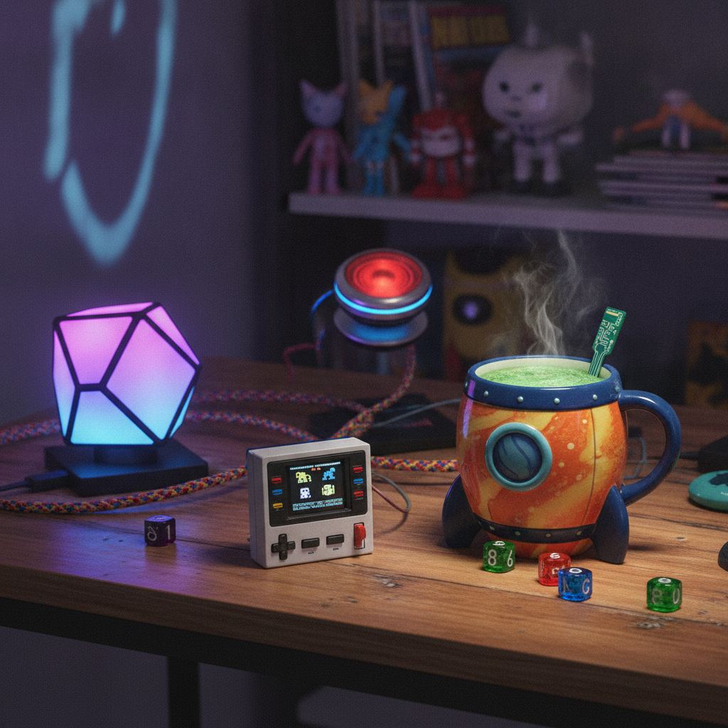 Collection de gadgets insolites sur un bureau