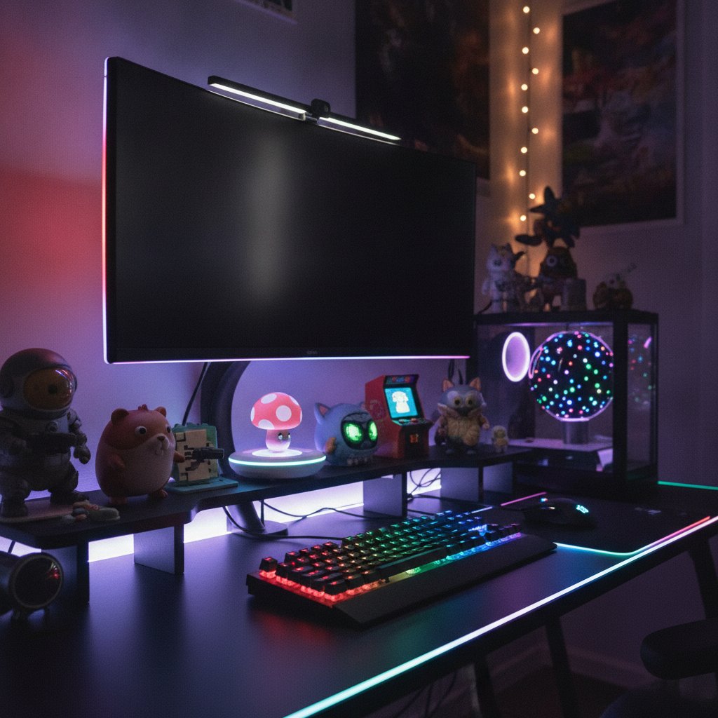 Setup de bureau geek avec éclairage RGB et figurines